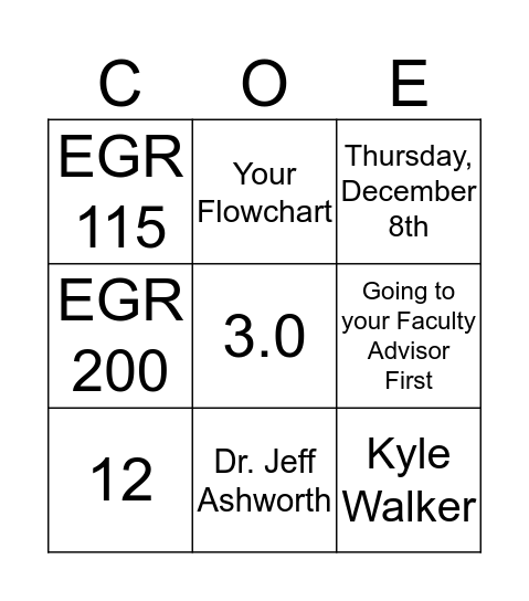 COE Academic Advising BINGO Card