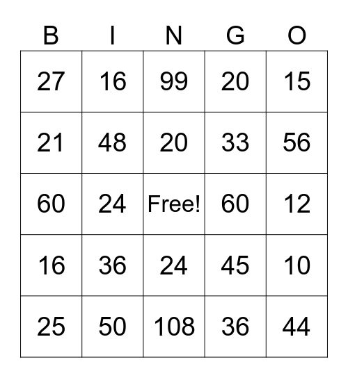 Multiplication Bingo Card