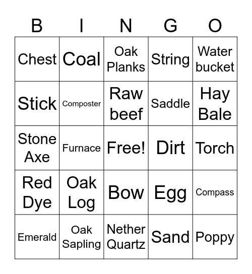 Minecraft Bingo Card