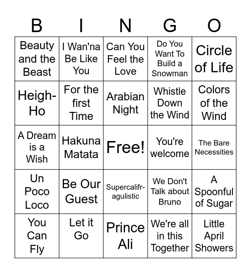 New Year Disney Bingo Card