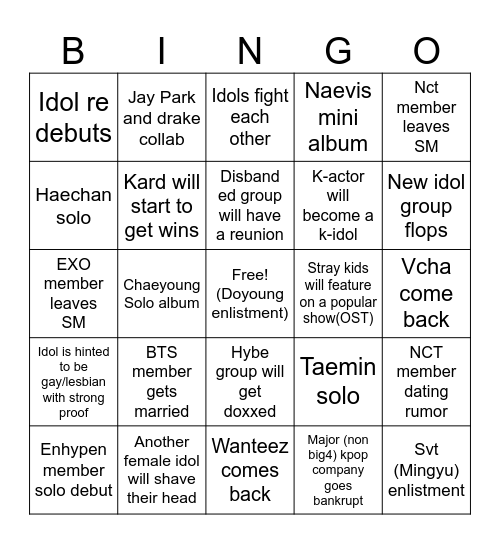 Kpop 2025 Bingo Card