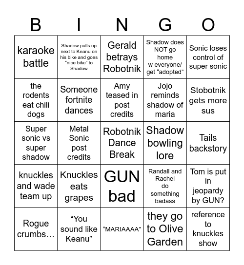 Sonic Movie Bingo Card