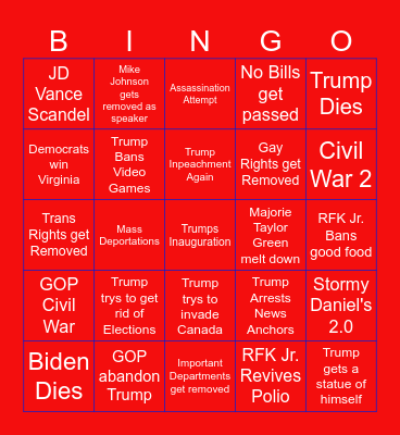 2025 US Political Bingo Card