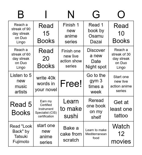 New Years Resolution BINGO Card