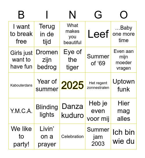 Oud en nieuw muziek bingo Card