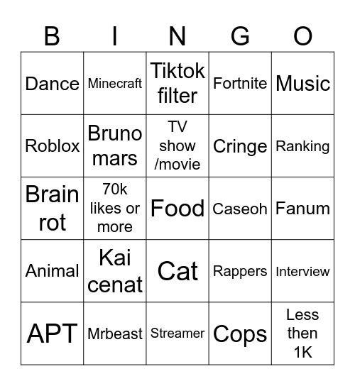 Yt shorts Bingo Card
