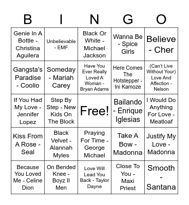 90’s Musical Bingo #1 Bingo Card