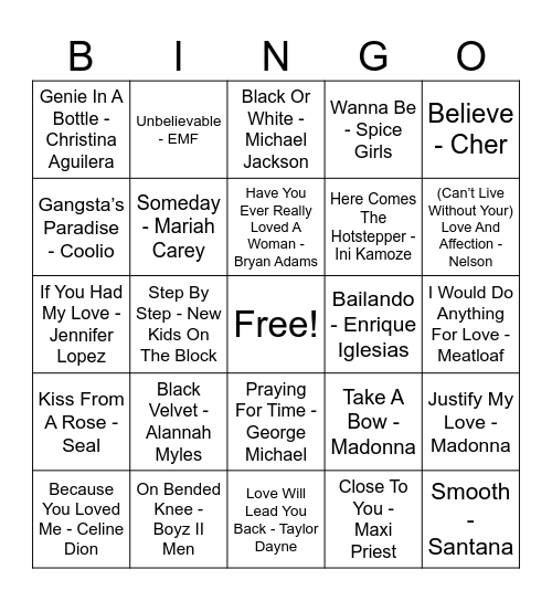 90’s Musical Bingo #1 Bingo Card