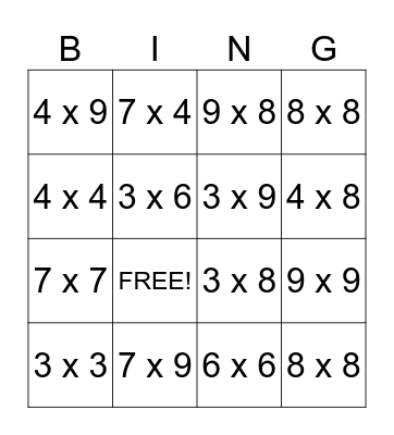 Multiplication Bingo Card