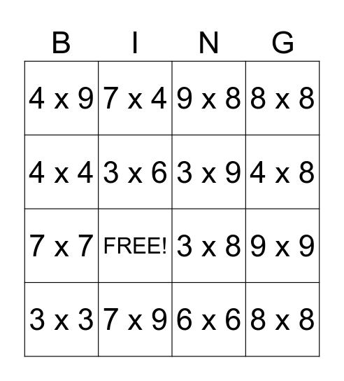 Multiplication Bingo Card