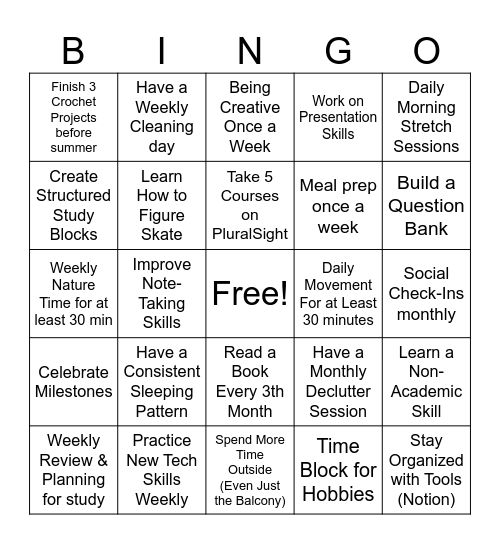 New years resolution 2025 Bingo Card