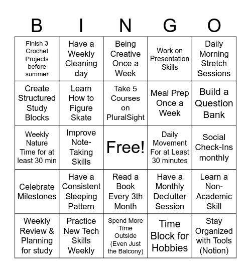 New years resolution 2025 Bingo Card