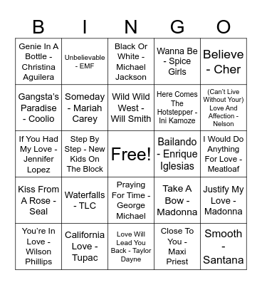 90’s Musical Bingo #1 Bingo Card