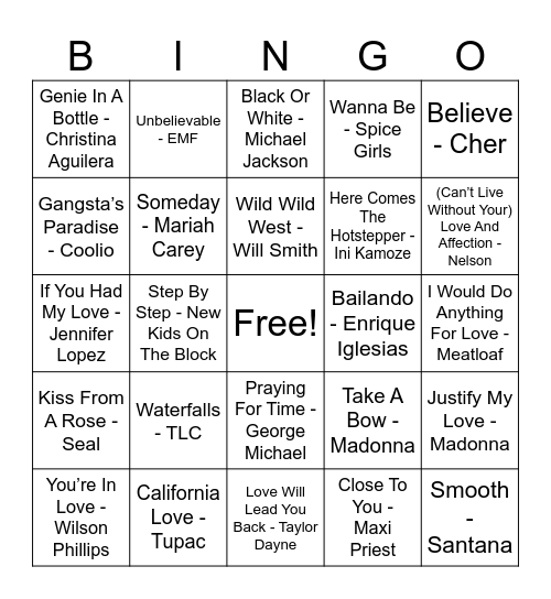 90’s Musical Bingo #1 Bingo Card