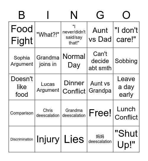 Family Drama Bingo Card