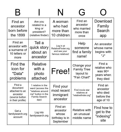 Family History BINGO! Bingo Card