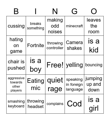 Gamer Rage Bingo Card