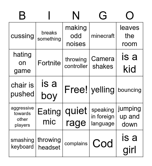 Gamer Rage Bingo Card