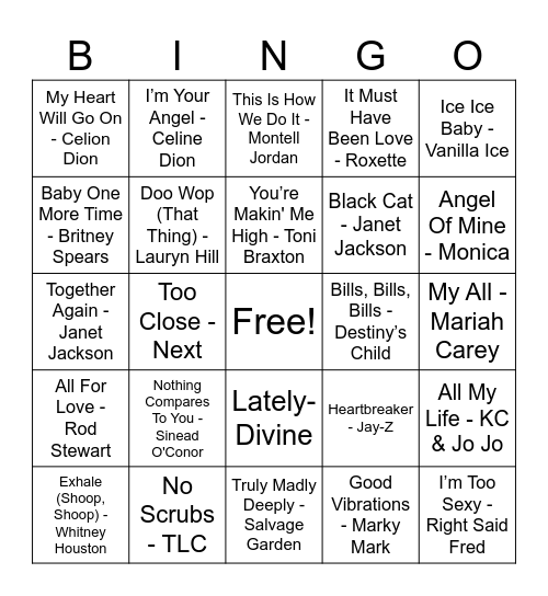 #2 90’s Musical Bingo Card