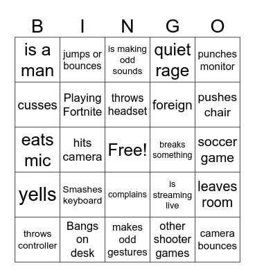 Gamer Rage Bingo Card