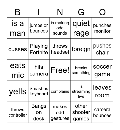 Gamer Rage Bingo Card