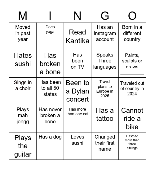 Temple Emeth New Year's Eve Bingo Card