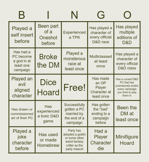 D&D Player Bingo Card