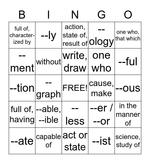 SUFFIX BINGO Card