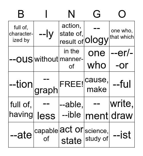 SUFFIX BINGO Card