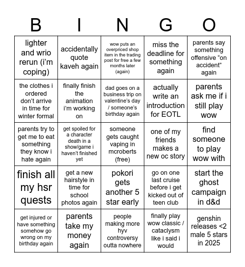 alayna’s 2025 bingo Card