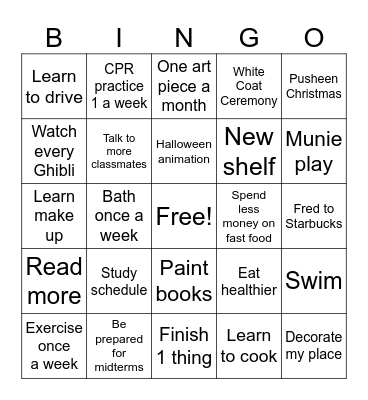 New Years Resolution Bingo Card