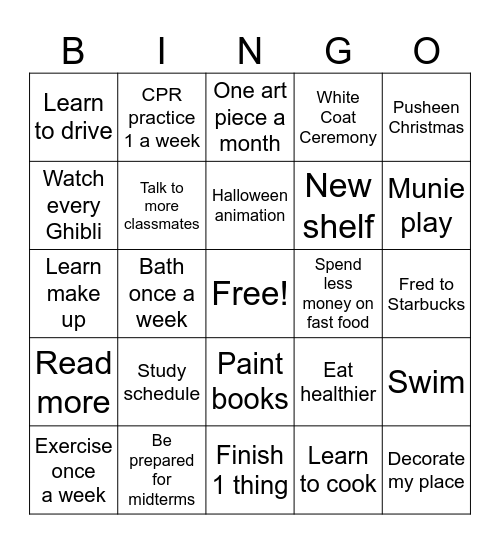 New Years Resolution Bingo Card