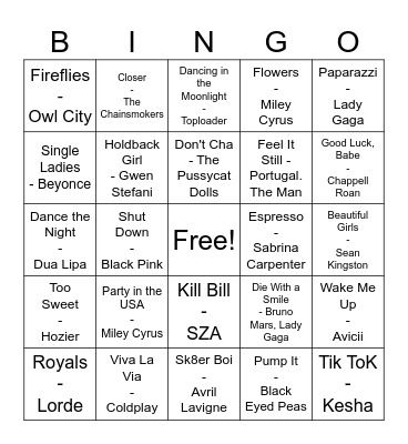 2000s Pop Bingo Card