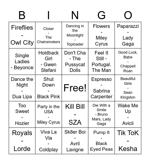 2000s Pop Bingo Card