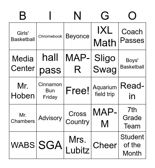 Sligo Middle School 2024 Bingo Card