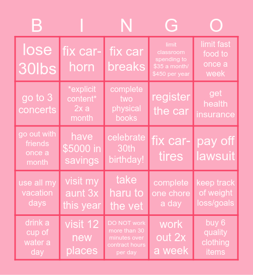 Racheal's 2025 bingo card Bingo Card