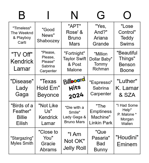 Top Songs of 2024 Bingo Card