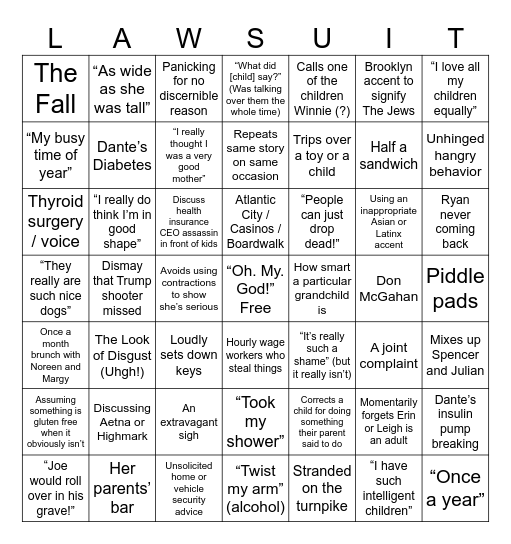 Lawsuit Bingo Card