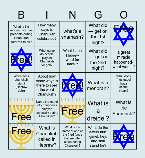 Family easy Chanukah Bingo Card