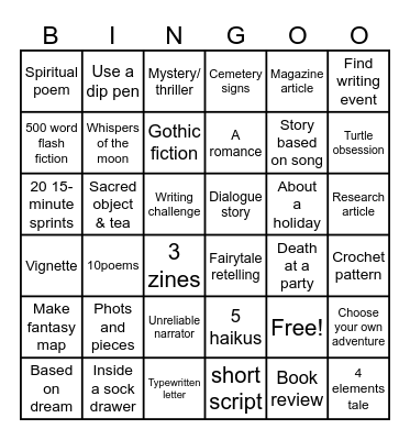 Writing Bingo Card