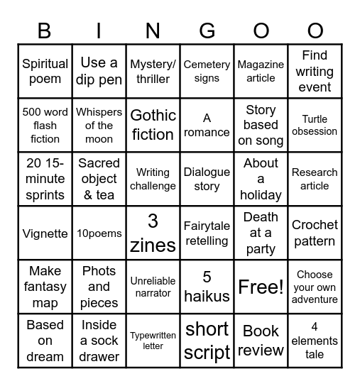 Writing Bingo Card