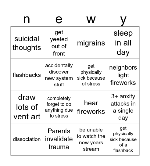 new years Bingo Card