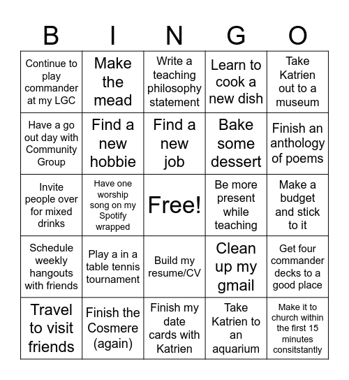 New Year 2025 Bingo Card