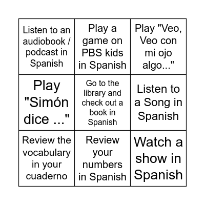 Español Bingo Card