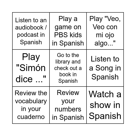 Español Bingo Card