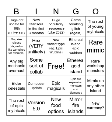 My Singing Monsters 2025 Bingo Card