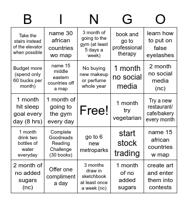 New Years Resolution Bingo Card