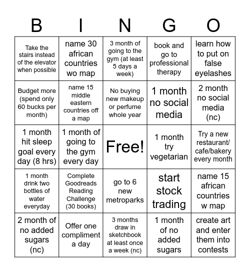 New Years Resolution Bingo Card