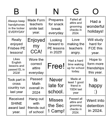 2H4 Class Bingo Card