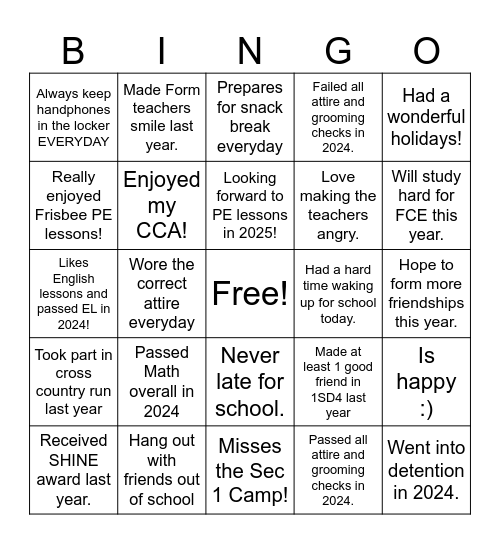 2H4 Class Bingo Card